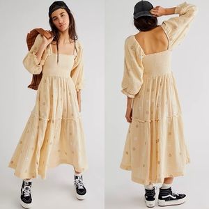 NWT Free People Dahlia Floral Embroidered Smocked Maxi Dress Pearl Island Yellow